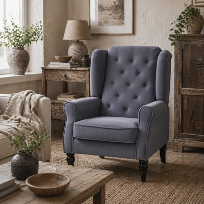 Wyld Haus Vanola Grey Velvet-Effect Retro Wingback Accent Armchair With Diamond Button Tufting And Piped Arms from B&Q