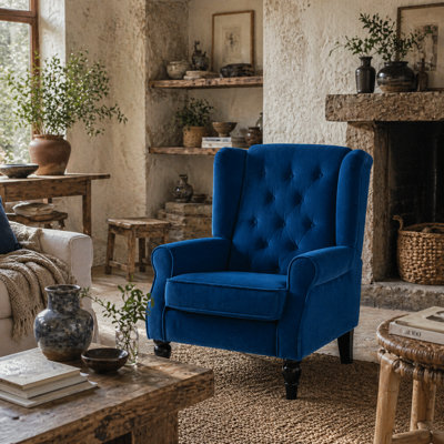 Wyld Haus Topano Blue Retro Wingback Accent ArmchairDiamond Button-Tufted Velvet-Effect Upholstery from B&Q