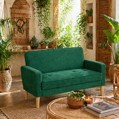 Wyld Haus Neraro 2-Seater Sofa In Forest Green Velvet-Feel Upholstery With Natural Wood Legs from B&Q