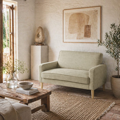 B&Q -  Vikava Beige Velvet Two-Seater Sofa With Natural Wooden Legs 130W X 74.5D X 82H Cm