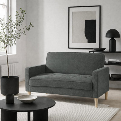 B&Q -  Pafa Velvet-Feel 2-Seater Sofa In Dark Grey With Natural Wood Legs 130W X 74.5D X 82H Cm