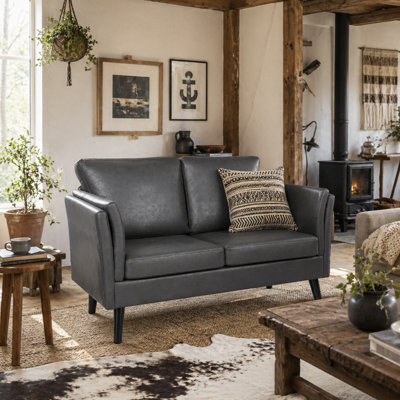 Wyld Haus Ravi Grey Faux Leather 2-Seater SofaCompact Modern Loveseat from B&Q