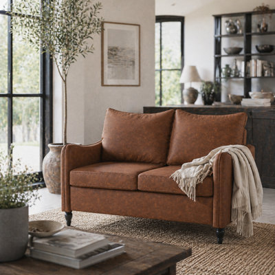 Wyld Haus Mipa Brown Marble-Effect Faux Leather 2-Seater SofaCompact Boxy DesignRubberwood Legs