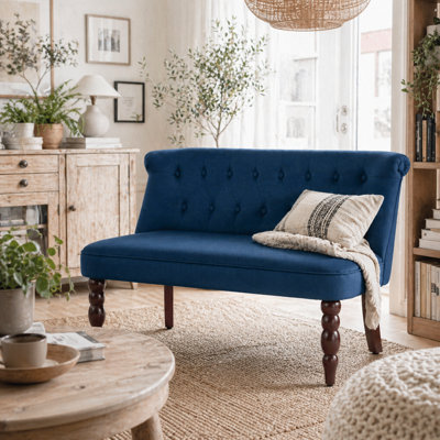 Wyld Haus Layono Dark Blue Velvet-Feel Diamond Button Tufted Wingback 2-Seater Sofa from B&Q