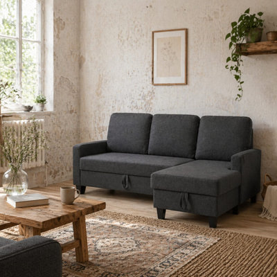 B&Q -  Lulo Charcoal Grey 3-Seater Fabric Sofa Bed With Reversible Chaise And Storage