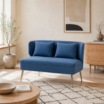 B&Q -  Taco Linen-Look Dark Blue 2-Seater Sofa With Wingback Design And Gold-Tone Metal Legs