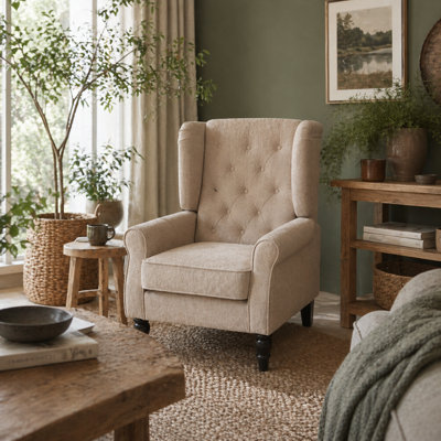 Wyld Haus Nobael Beige Retro Wingback Accent ChairDiamond Button-Tufted Snow Flannel Upholstery from B&Q
