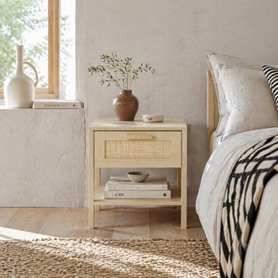 Wyld Haus Tafa Natural Wood-Effect Bedside Table With Rattan-Style Drawer And Open Shelf40W X 40D X 48H Cm from B&Q