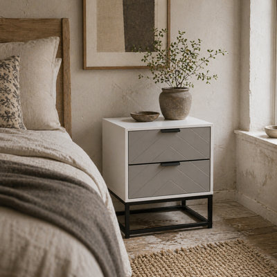 Wyld Haus Fael Two-Drawer Chevron Bedside CabinetWhite Grey BlackCompact 48H X 39.5L X 40D Cm from B&Q