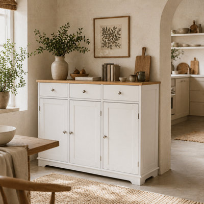 Wyld Haus Totoro White Sideboard With Natural Rubberwood Top3 Doors3 Drawers3 Shelves101W X 40D X 85H Cm from B&Q
