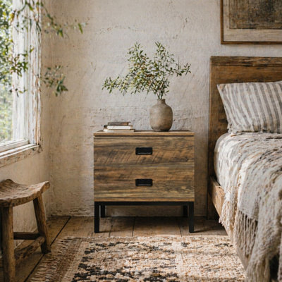 B&Q -  Virado Coffee Brown Retro Bedside Table2 DrawersBlack Metal Legs45W X 39D X 50H Cm