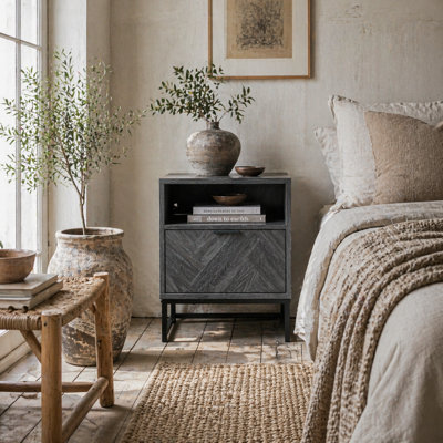 Wyld Haus Fari Dark Grey Bedside Table With Drawer And Open ShelfSteel Legs40 X 40 X 52 Cm from B&Q