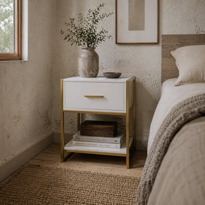Wyld Haus Safifi White Bedside Table 1 Drawer 1 Shelf With Gold-Tone Frame from B&Q