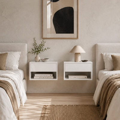 B&Q -  Veve Set Of 2 High Gloss White Floating Bedside Tables With Drawer And Shelf37W X 32D X 21H Cm Each