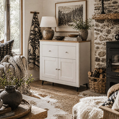 Wyld Haus Dielro White And Natural Wood-Effect Farmhouse Sideboard2 DrawersDouble-Door CupboardSoft-Close from B&Q