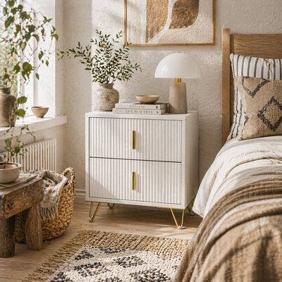 Wyld Haus Bapano 2-Drawer Ribbed Bedside TableWhite With Gold Accents40 X 40 X 47 Cm from B&Q