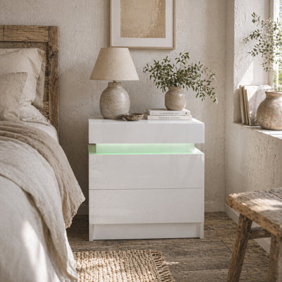 Wyld Haus Rema High Gloss White Bedside Table With Integrated Led Lighting And 2 DrawersCompact 45W X 35D X 52H Cm from B&Q