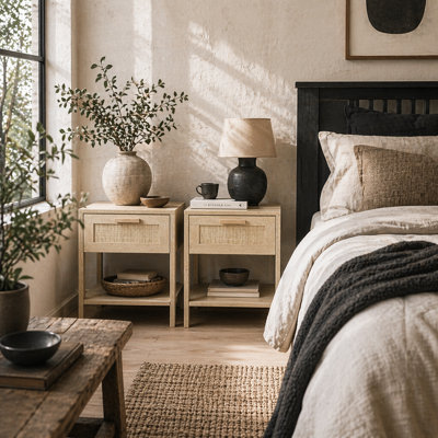 Wyld Haus Dilamo Set Of 2 Farmhouse Bedside Tables With Rattan-Style Drawer And Open Shelf from B&Q