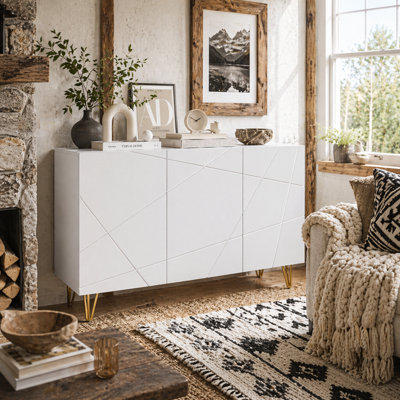 Wyld Haus Sarota High Gloss White Sideboard With Gold-Tone Hairpin Legs4 Compartments1200X400X750mm from B&Q
