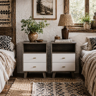 Wyld Haus Cosana Grey And White Industrial-Scandinavian Pair Of Bedside Tables With 2 Drawers And Open Shelf from B&Q