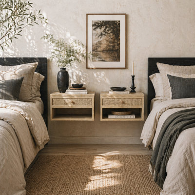 Wyld Haus Tovelu Set Of 2 Wood-Effect Floating Bedside Tables With Rattan-Panel DrawersNatural Finish from B&Q