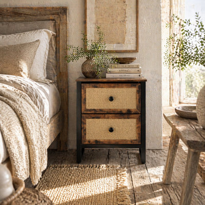 Wyld Haus Mata Coyo Rustic Brown Industrial Bedside Table Wicker 2-Drawer Nightstand 50W X 30D X 60H Cm from B&Q