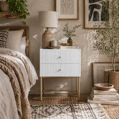 Wyld Haus Lelu Rata White And Gold 2-Drawer Ribbed Bedside TableL48 X D30.8 X H60Cm from B&Q
