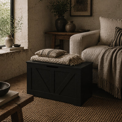 Wyld Haus Kamari 100L Black Wood-Effect Storage Chest With Safety Hinges And Seat-Ready Lid from B&Q