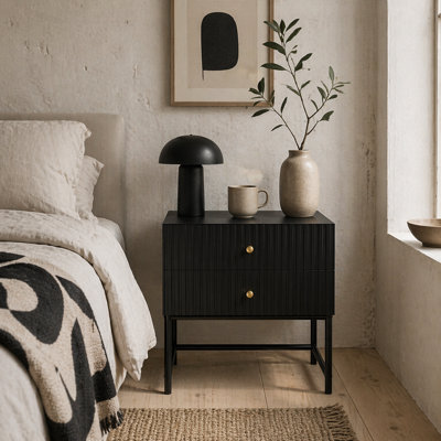 Wyld Haus Nafico Black And Gold 2-Drawer Ribbed Bedside Table48W X 30.8D X 60H Cm from B&Q