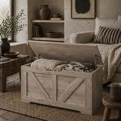 Wyld Haus Kamari 100L Grey Wood-Effect Storage Chest With Safety Hinge And Seat Lid from B&Q