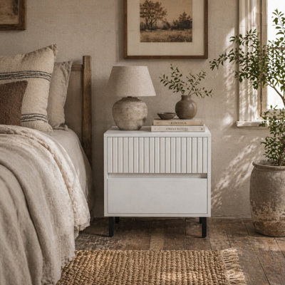 B&Q -  Cove White 2-Drawer Bedside TableHandleless Modern Nightstand450X350X500mm