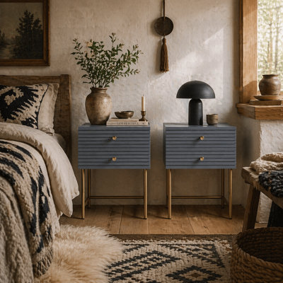 Wyld Haus Lika Set Of 2 Grey And Gold Bedside Tables With Ribbed Drawers And Steel Legs from B&Q