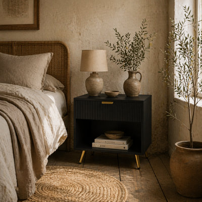 Wyld Haus Hana Bano Black And Gold-Tone Bedside Table With Ribbed Drawer And Shelf50W X 40D X 47H Cm from B&Q
