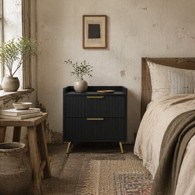 Wyld Haus Vevele Black 2-Drawer Ribbed Bedside Table With Gold AccentsL50 X D40 X H50Cm from B&Q