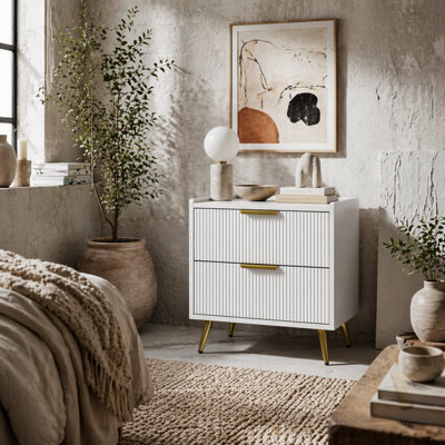 Wyld Haus Yoha White And Gold Ribbed 2-Drawer Bedside TableL50 X D40 X H50Cm from B&Q