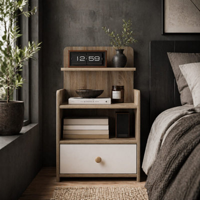 B&Q -  Tahadi White And Wood-Effect Multi-Storage Bedside Table 3 Shelves And Drawer40 X 35 X 60 Cm