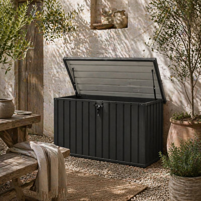 Wyld Haus Firane Rafi 400L Galvanised Steel Outdoor Storage BoxDark GreyLockableGas-Lift Lid from B&Q