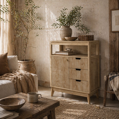 Wyld Haus Cova Vira Compact Sideboard Natural Wood Finish3 DrawersAdjustable ShelvingFluted Panels from B&Q