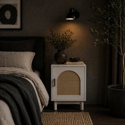 Wyld Haus Luna White Wooden Rattan Bedside Table With Arched Door And Adjustable Shelf 40W X 35D X 58H Cm from B&Q