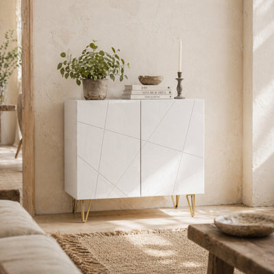 Wyld Haus Diro High Gloss White Sideboard With Geometric Line Indents And Gold Hairpin Legs2 Doors3 Shelves800X400X750mm from B&Q