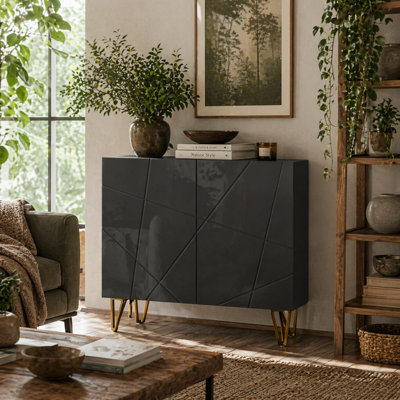 Wyld Haus Diro High Gloss Black Sideboard With Geometric Line Indents And Gold Hairpin Legs80X40X75Cm from B&Q