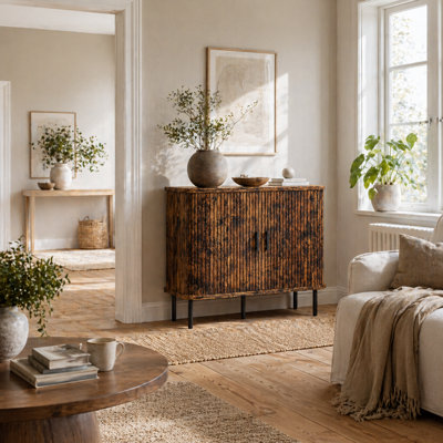 Wyld Haus Lasa Rustic Brown Mid-Century Sideboard With Slatted Tambour Sliding Doors And Black Steel Legs from B&Q