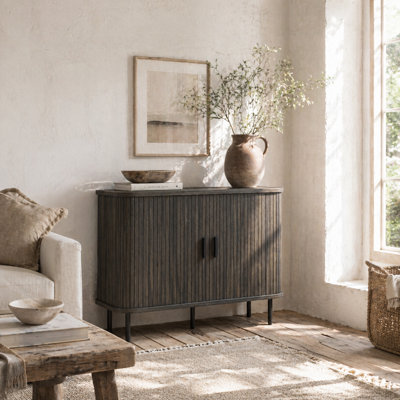Wyld Haus Tayoyo Grey Mid-Century SideboardSlatted Tambour Sliding DoorsSteel LegsL90 X D40 X H75Cm from B&Q