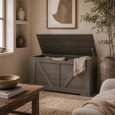 Wyld Haus Cosoli Charcoal Grey Wood-Effect 100L Storage Chest With Safety Hinge And U-Shaped Lid Cutout from B&Q