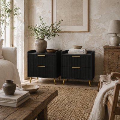 Wyld Haus Veha Black Set Of 2 Ribbed 2-Drawer Bedside Tables With Gold Handles from B&Q