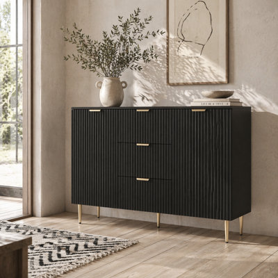 Wyld Haus Surara Baro Black Ribbed Sideboard2 Doors3 DrawersGold Accents from B&Q