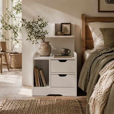 Wyld Haus Sora Nico High Gloss White Bedside Table With 2 Drawers And Shelves 40L X 30D X 60H Cm from B&Q
