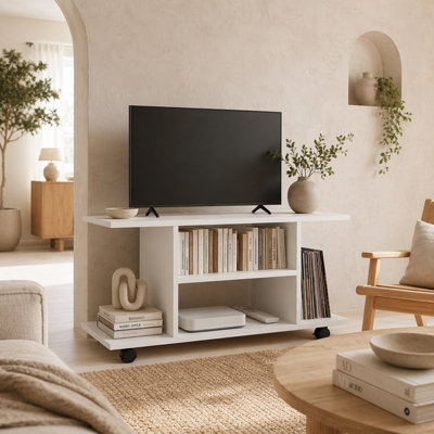 Wyld Haus Vireli Miri 80Cm White Mobile Tv Stand With 3 Open Shelves And Lockable Castors from B&Q