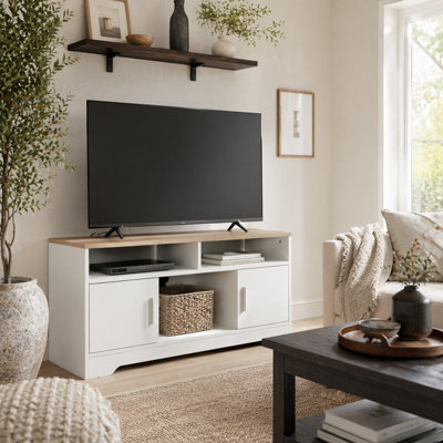 Wyld Haus Tadori 105Cm White And Wood Tv Console2 Doors3 Open ShelvesCable Management from B&Q