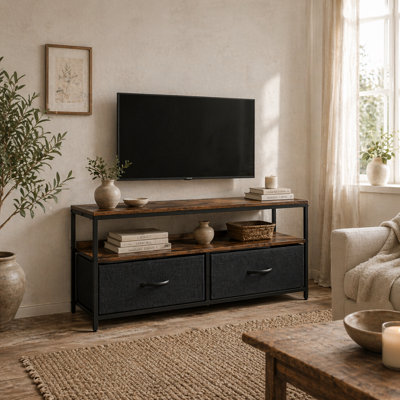 Wyld Haus Lelo 98Cm Rustic Brown And Black Tv Stand With 2 Foldable Fabric Drawers For Tvs Up To 47 Inches from B&Q